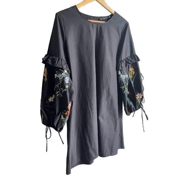 Zara Black Floral Embroidered Boho Mini Dress Large Balloon Ruffle Tie Sleeves - Picture 8 of 8